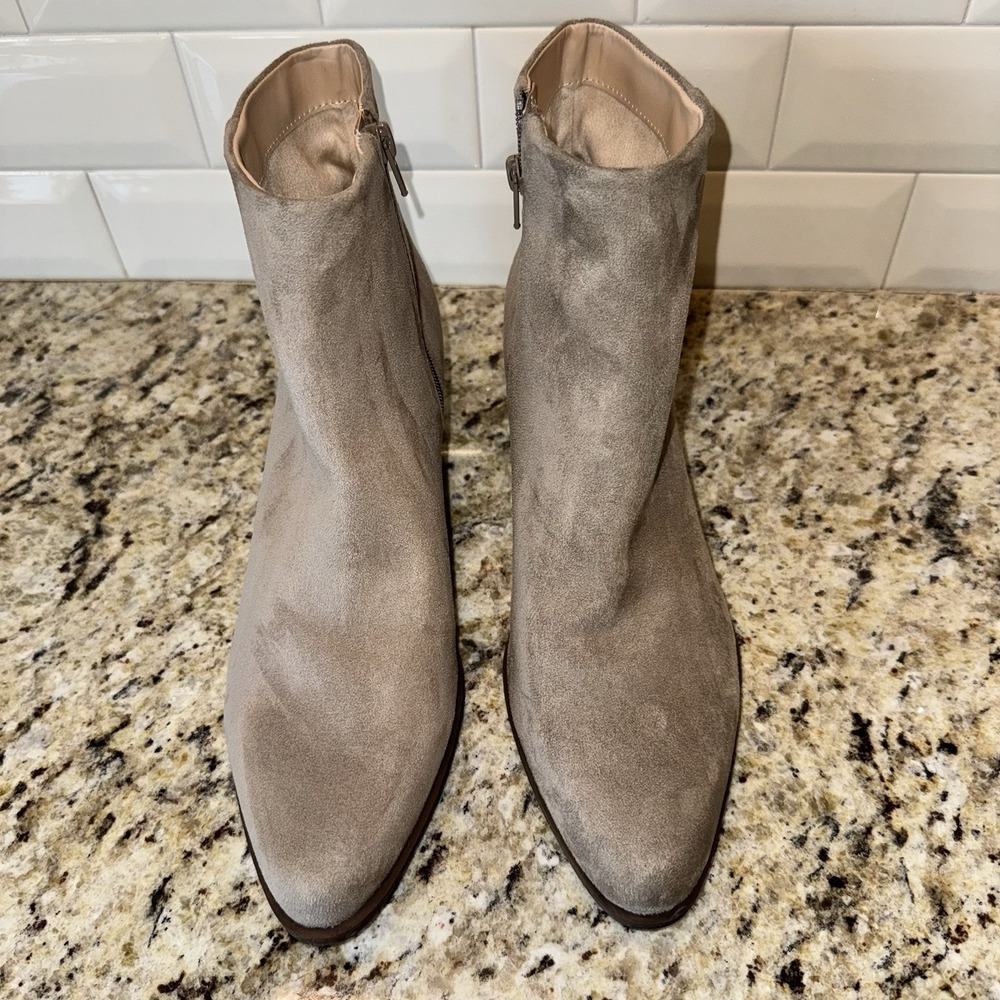 BP Wallis Western Boots Womens 12 Greige Fabric Ankle Stacked Heel Taupe Almond - Picture 3 of 13